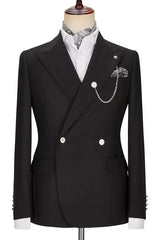 Traditional Black Peak Lapel Double Breasted Prom Suit