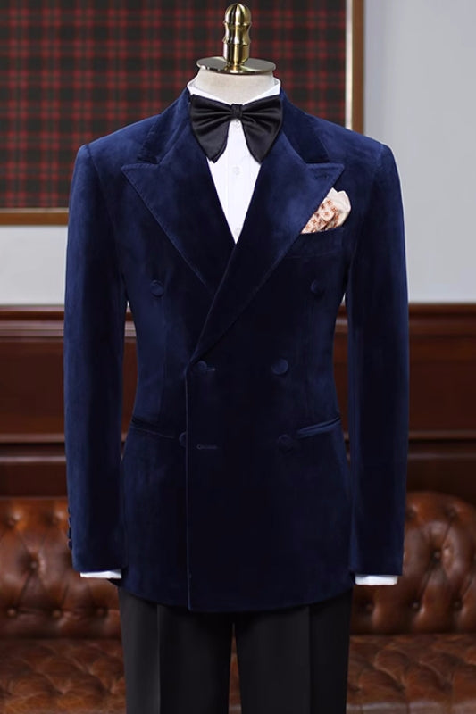 Traditional Navy Blue Peaked Lapel Double Breasted Velvet Prom Attire