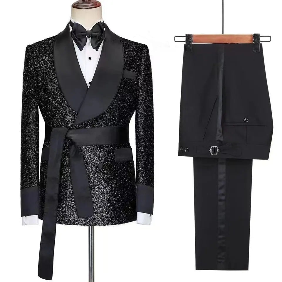 Trendy Black Shawl Collar Two-Piece Sequined Wedding Ensemble