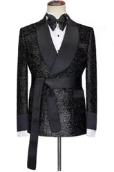 Trendy Black Shawl Collar Two-Piece Sequined Wedding Outfit