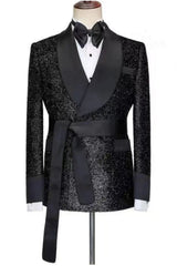 Trendy Black Shawl Collar Two-Piece Sequined Wedding Outfit