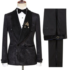 Trendy Black Shawl Lapel Double Breasted Sparkling Pattern Wedding Suits