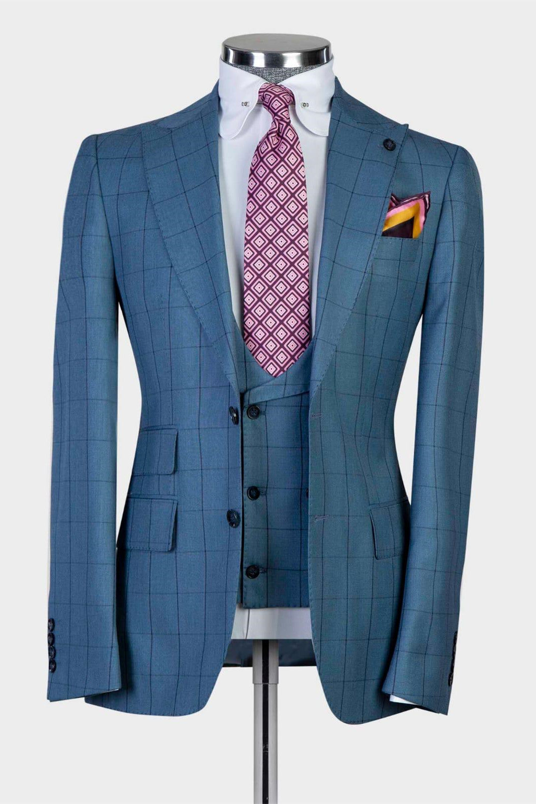Trendy Blue Plaid Slim Fit Peak Lapel Three-Piece Men’s Suits