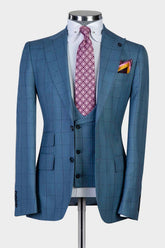 Trendy Blue Plaid Slim Fit Peak Lapel Three-Piece Men’s Suits