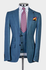 Trendy Blue Plaid Slim Fit Peak Lapel Three-Piece Men’s Suits