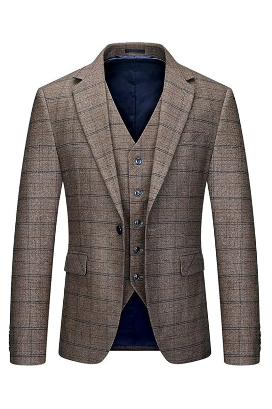 Trendy Brown Notched Lapel Three-Piece Business Suit for Men