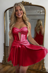 Trendy Burgundy Sweetheart A-Line Short Satin Corset Homecoming Dress