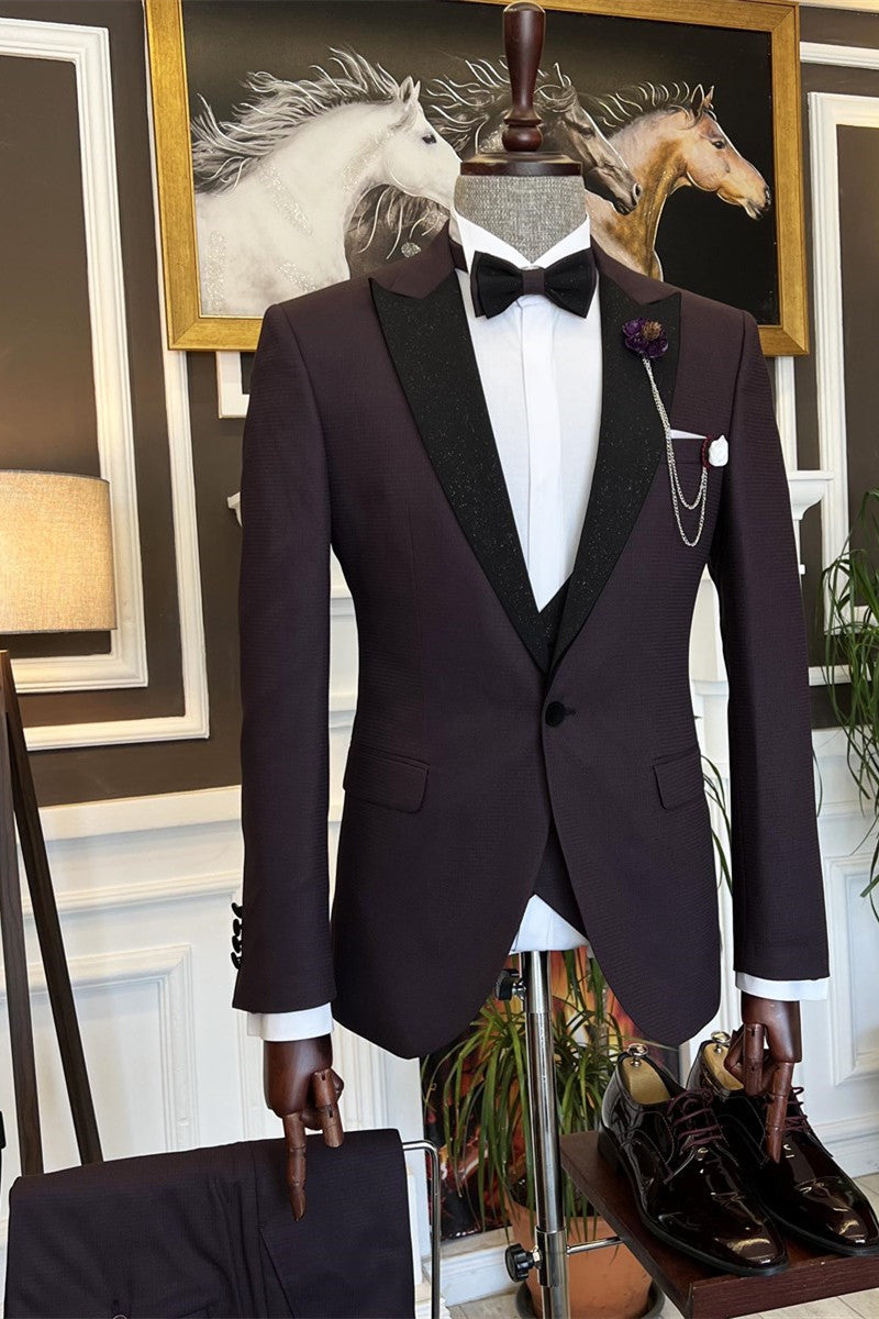 Trendy Burgundy Three-Piece Men’s Suit with Sparkling Peaked Lapel