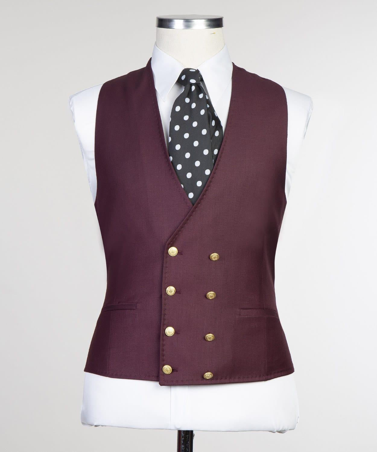Trendy Burgundy Three-Piece Peak Lapel Men’s Suits