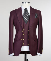 Trendy Burgundy Three-Piece Peak Lapel Men’s Suits