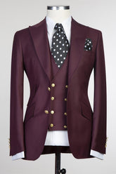Trendy Burgundy Three-Piece Peak Lapel Men’s Suits