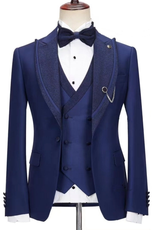 Trendy Dark Blue Peak Lapel Three-Piece Prom Suit