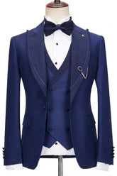 Trendy Dark Blue Peak Lapel Three-Piece Prom Suit
