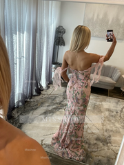 Trendy Long Floral Pink Mermaid Strapless Beaded Prom Dress with Slit and Appliques