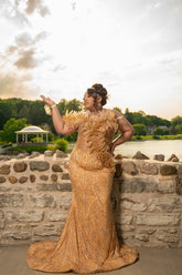 Trendy Long Gold One Shoulder Sleeveless Mermaid Beaded Prom Dress with Rhinestones