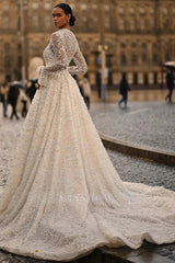 Trendy Long Ivory V-Neck Long Sleeves A-Line Wedding Dress with Beads