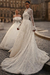Trendy Long Ivory V-Neck Long Sleeves A-Line Wedding Dress with Beads