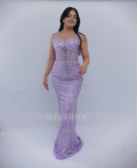 Trendy Long Lilac Sweetheart Sleeveless Mermaid Evening Dress with Sequins and Sweep Train
