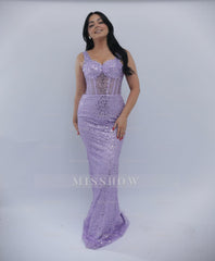 Trendy Long Lilac Sweetheart Sleeveless Mermaid Evening Dress with Sequins and Sweep Train