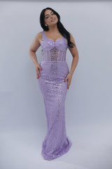 Trendy Long Lilac Sweetheart Sleeveless Mermaid Evening Dress with Sequins and Sweep Train