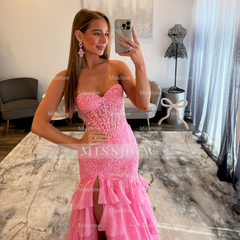 Trendy Long Mermaid Candy Pink Sweetheart Sleeveless Prom Dress with Slit