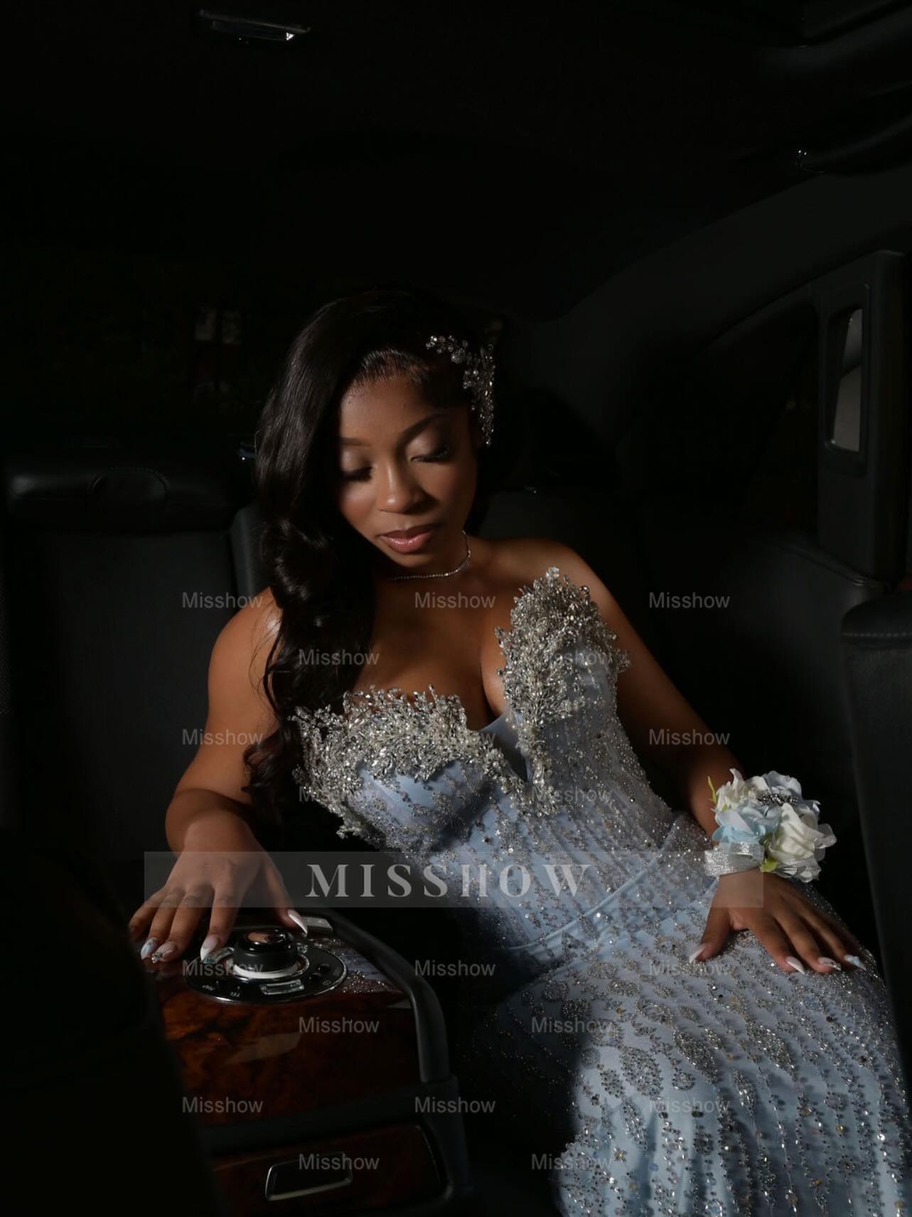 Trendy Long Sky Blue Sweetheart Sleeveless Mermaid Sequined Prom Dress with Rhinestones and Beadings