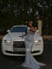 Trendy Long Sky Blue Sweetheart Sleeveless Mermaid Sequined Prom Dress with Rhinestones and Beadings