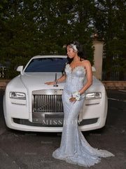 Trendy Long Sky Blue Sweetheart Sleeveless Mermaid Sequined Prom Dress with Rhinestones and Beadings