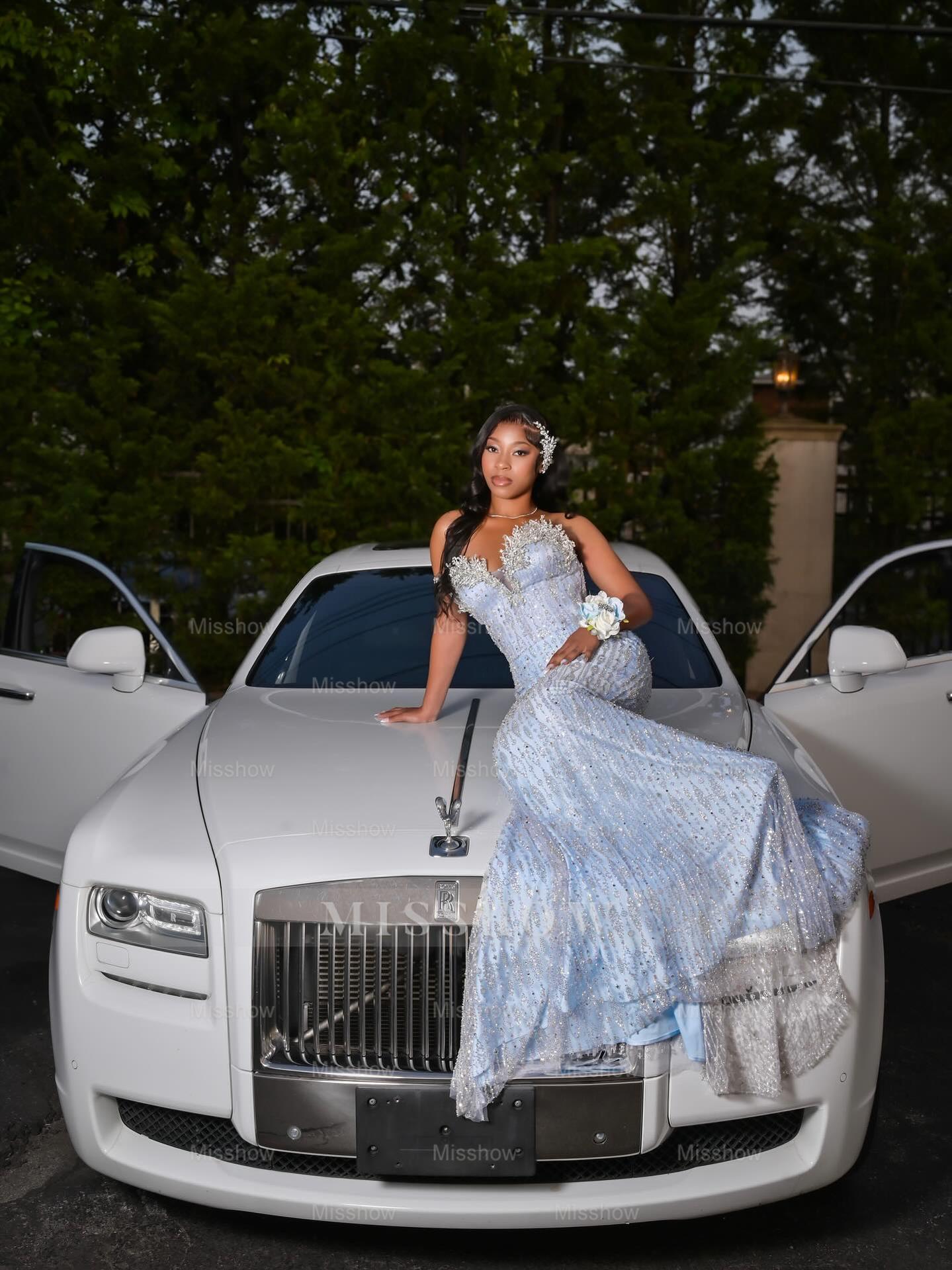 Trendy Long Sky Blue Sweetheart Sleeveless Mermaid Sequined Prom Dress with Rhinestones and Beadings