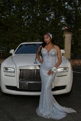 Trendy Long Sky Blue Sweetheart Sleeveless Mermaid Sequined Prom Dress with Rhinestones and Beadings