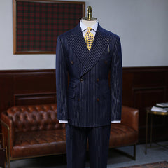 Trendy Navy Blue Striped Double Breasted Formal Men’s Suit