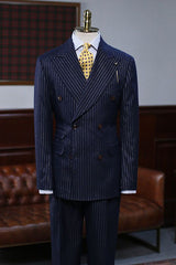 Trendy Navy Blue Striped Double Breasted Formal Men’s Suit