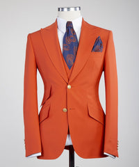 Trendy Orange Peak Lapel Three-Piece Men’s Suits