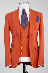 Trendy Orange Peak Lapel Three-Piece Men’s Suits