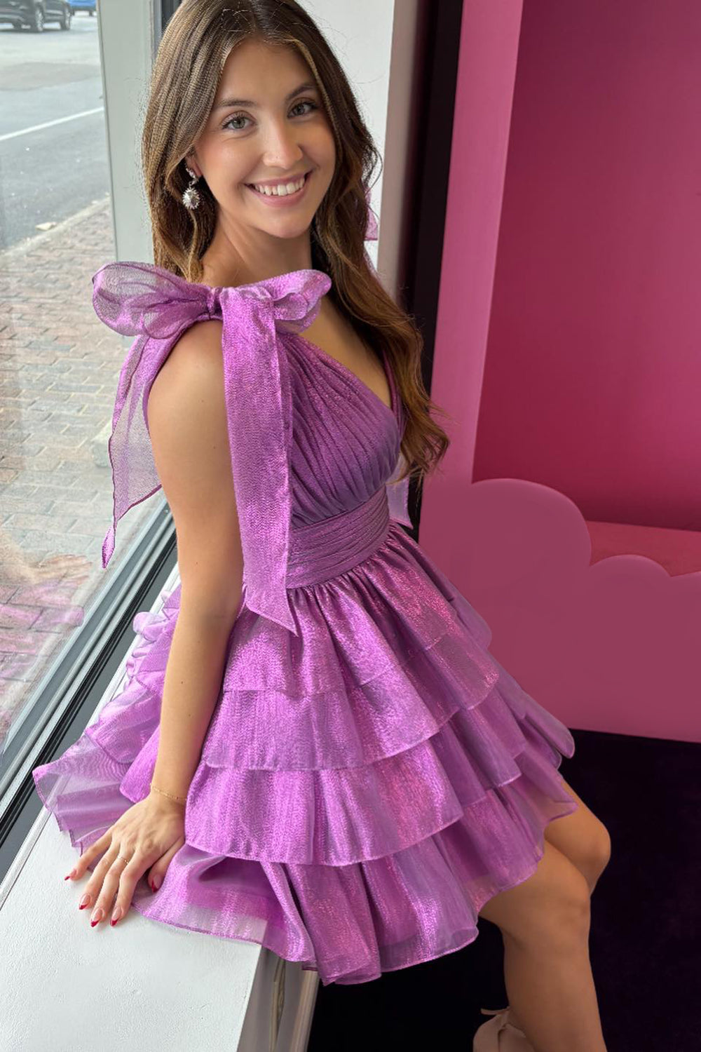 Trendy Pink A-Line Tiered Homecoming Dress with Bow