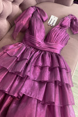 Trendy Pink A-Line Tiered Homecoming Dress with Bow