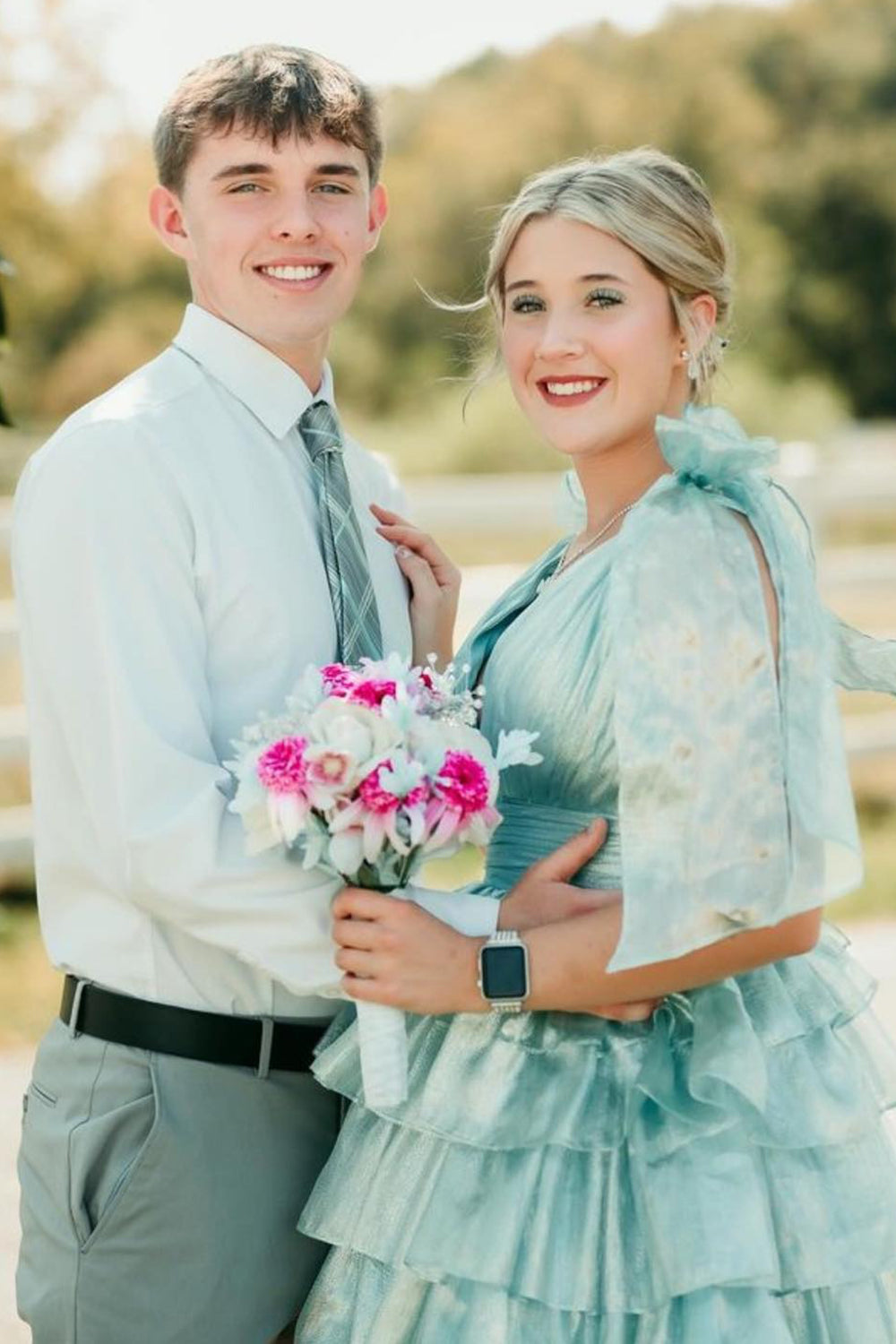 Trendy Pink A-Line Tiered Homecoming Dress with Bow