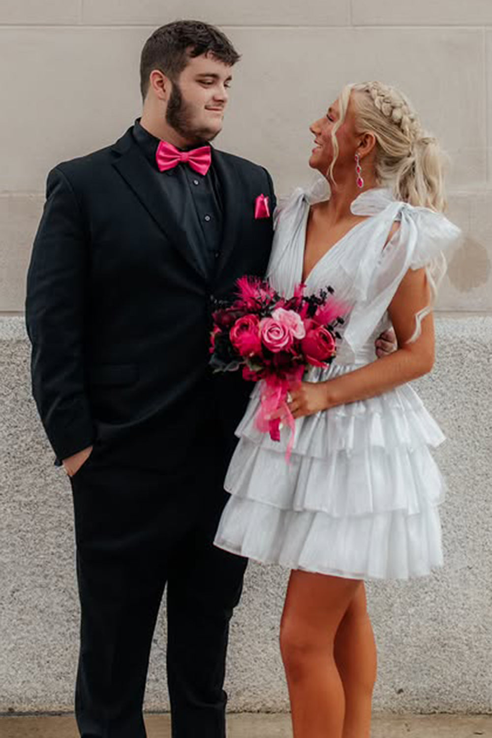 Trendy Pink A-Line Tiered Homecoming Dress with Bow