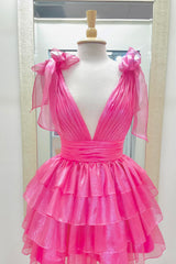 Trendy Pink A-Line Tiered Homecoming Dress with Bow