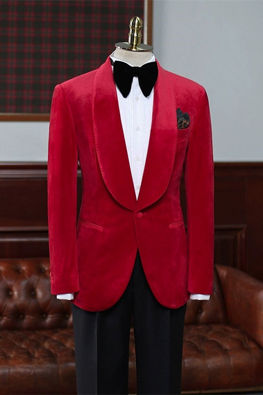 Trendy Red Shawl Collar Velvet Groom's Wedding Suit