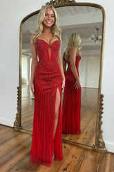 Trendy Red Spaghetti Straps Sweetheart Sleeveless Column Prom Dress with Front Split