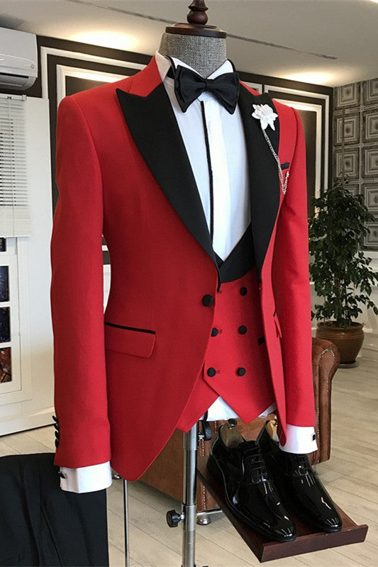 Trendy Red Three-Piece Prom Suit With Black Peaked Lapel