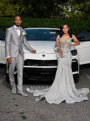 Trendy Silver Sweetheart Sleeveless Mermaid Prom Dress with Rhinestones and Beads