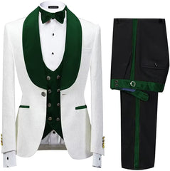 Trendy White Jacquard Shawl Collar Three-Piece Groom's Outfit