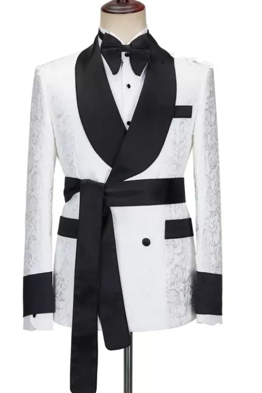 Trendy White Shawl Lapel Jacquard Wedding Suit