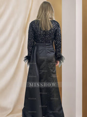 Trumpet/Mermaid V-Neck Satin Mother of the Bride Gown with Feather Glitter and Ruched Long Sleeves