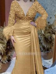 Trumpet/Mermaid V-Neck Satin Mother of the Bride Gown with Feather Glitter and Ruched Long Sleeves