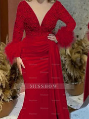 Trumpet/Mermaid V-Neck Satin Mother of the Bride Gown with Feather Glitter and Ruched Long Sleeves