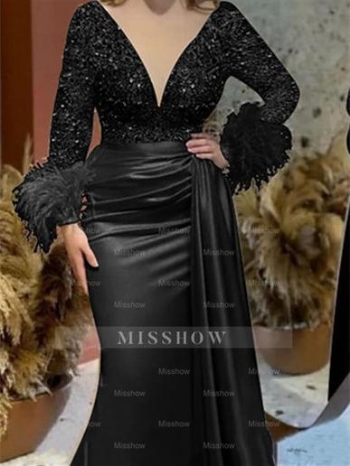 Trumpet/Mermaid V-Neck Satin Mother of the Bride Gown with Feather Glitter and Ruched Long Sleeves