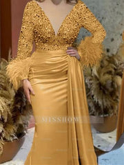 Trumpet/Mermaid V-Neck Satin Mother of the Bride Gown with Feather Glitter and Ruched Long Sleeves